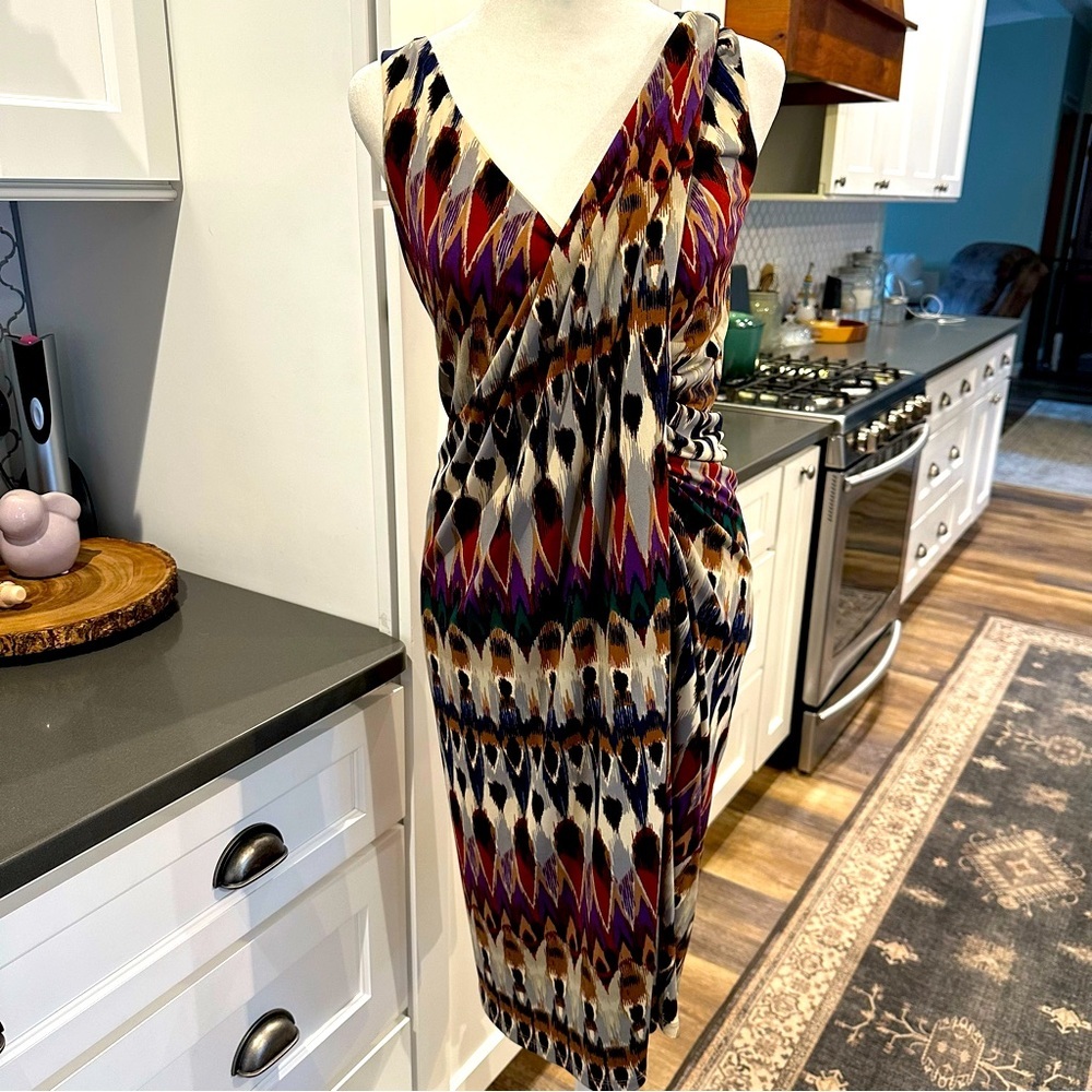 Badgley Mischka Colorful Sleeveless Ruched Bohemian Knee Length Sheath Dress 8